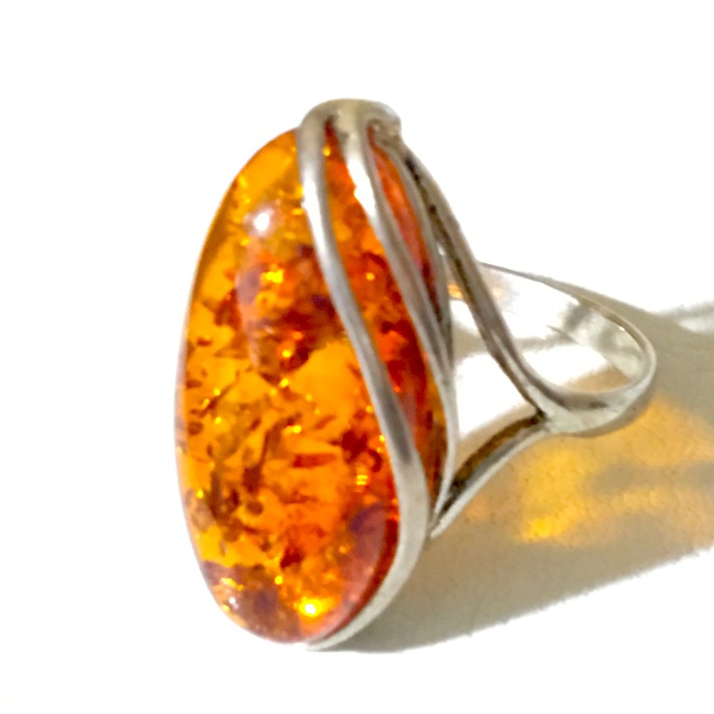 Very Unique Sterling Silver & Amber Size 5 Ring